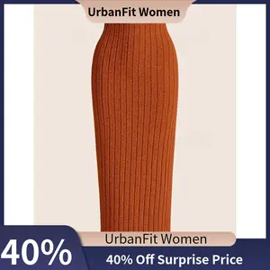 【UrbanFit Women】Solid Color Ribbed Stretch Bodycon Skirt, Casual High Waist Slim Fit Below Knee Skirt, Women's Clothing