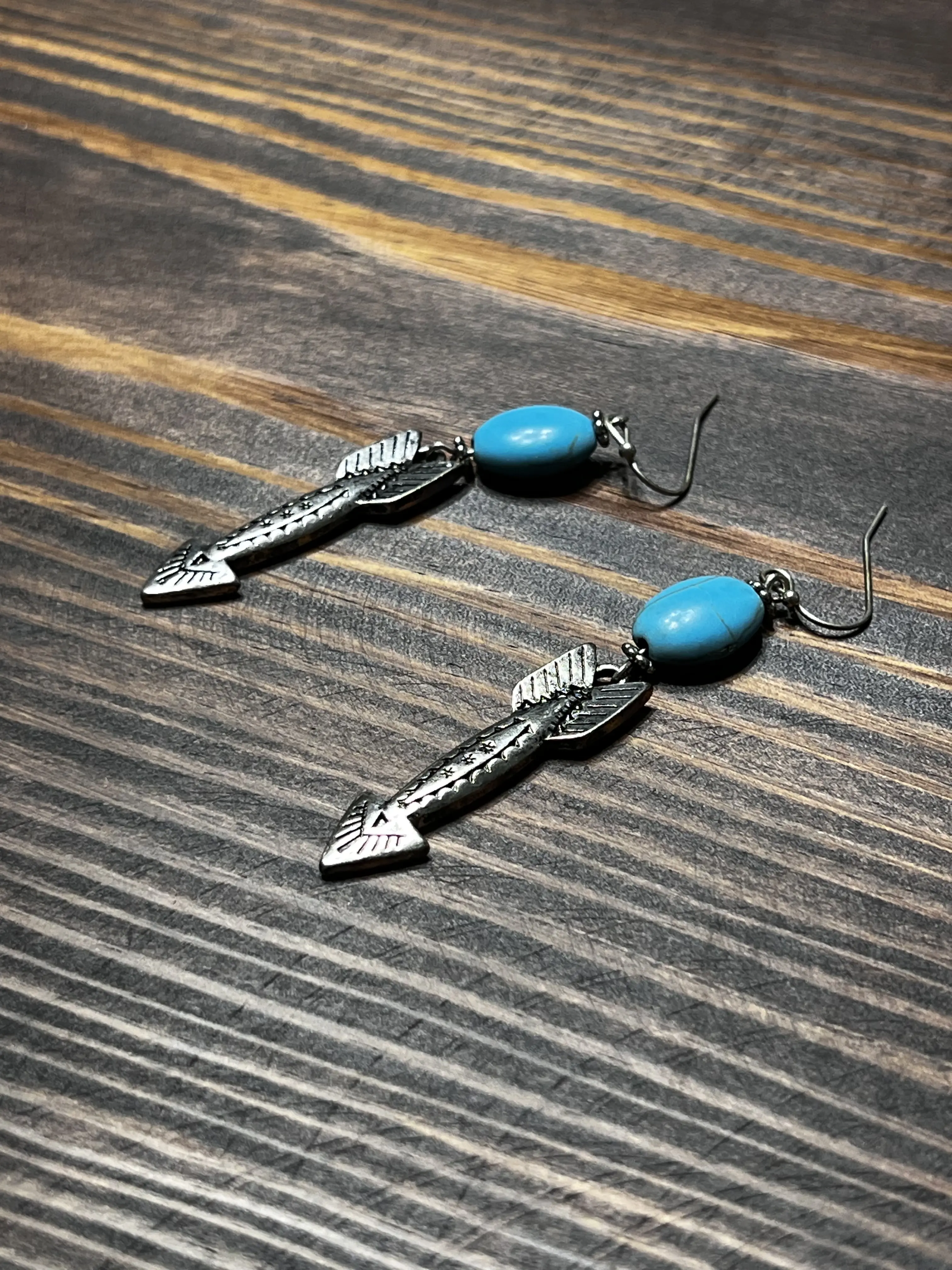 Antique Silver Arrow Costume Earrings with Turquoises