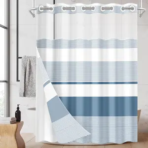 No Hook Blue Shower Curtain with Snap in Fabric Liner Set, Boho Striped Modern Double Layers  Fabric with See Through Top Window Open Grommet Bath Curtain 71x74 Inch