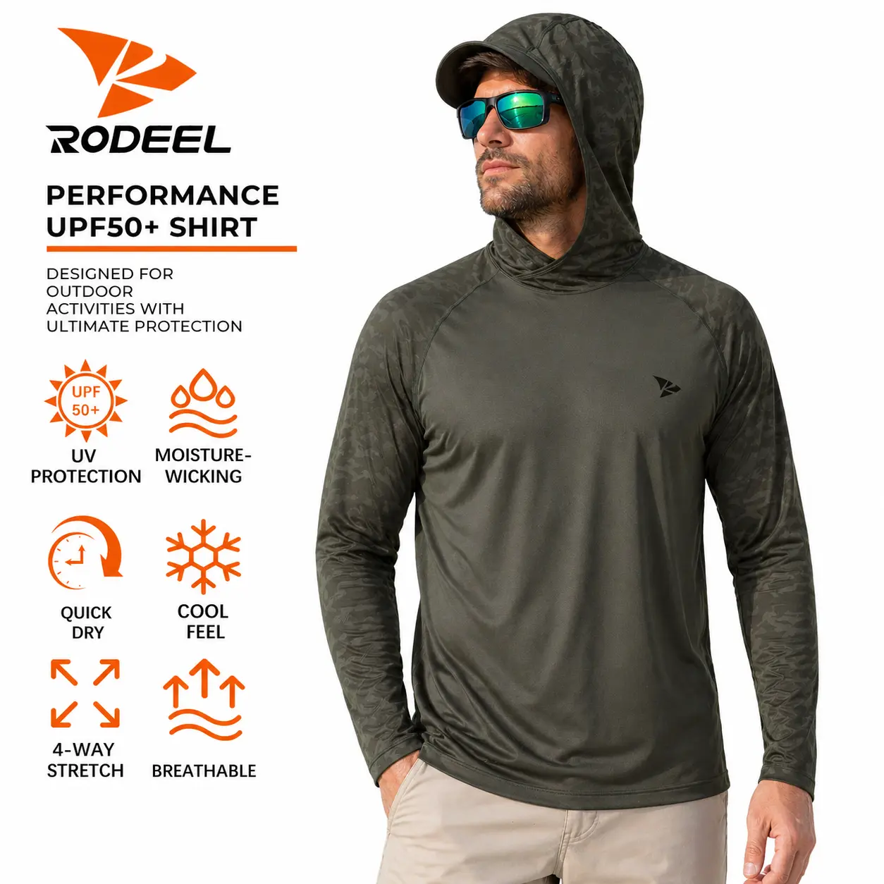 【RODEEL】Sun Hoodie Shirts w/ Thumbhole Men UPF 50+ UV Protection Long Sleeve Lightweight Quick Dry Moisture Wicking Breathable Stretchy Athletic Activewear for Outdoor Fishing Boating Hiking Construction Roofing Landscaping SummerWins