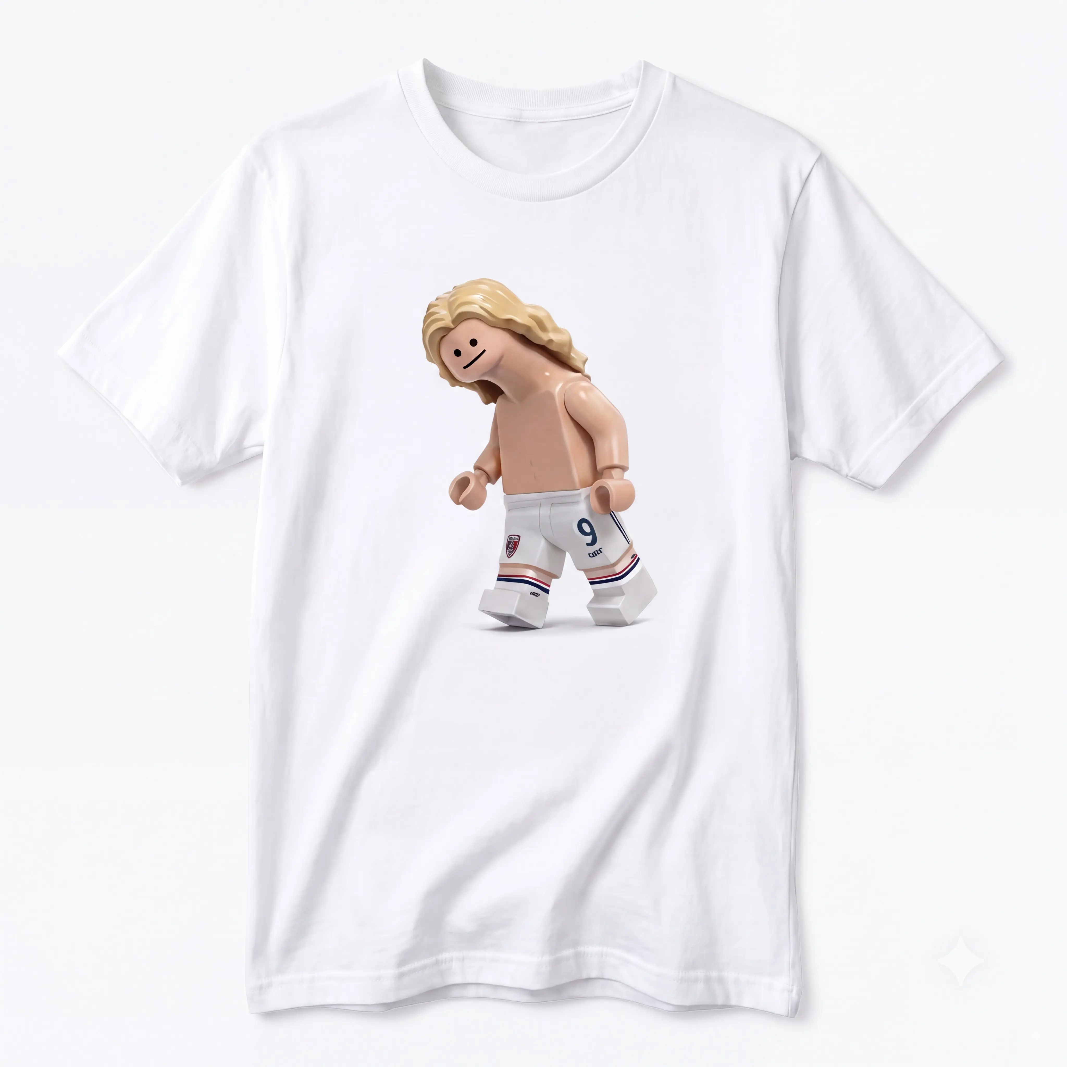 Funny Lego Soccer Player Graphic T Shirt, Meme Football Star Toy Figure Tee, Cute Trendy Casual Short Sleeve Top, Novelty Sports Humor Streetwear Outfit