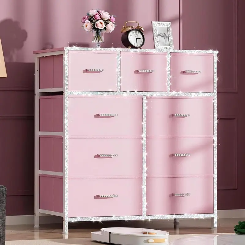 【Prime Day】9 Drawer Dresser for Bedroom, Storage Organizer with 9 Drawers, Chest of Drawers with Fabric Bins, Sturdy Metal Frame, Wood Tabletop for Guest Room, Closet, Entryway, Nursery