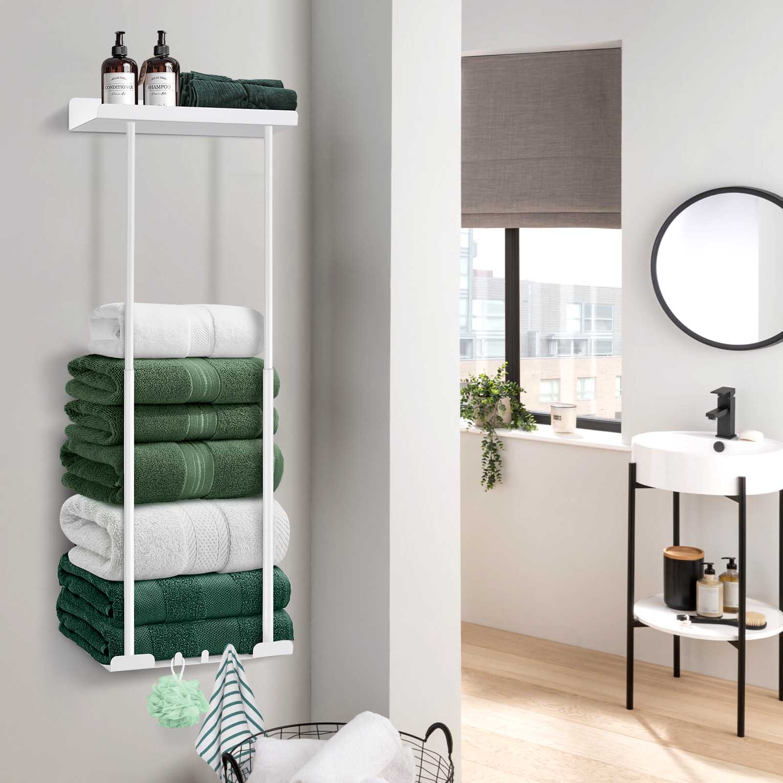 Wall-Mounted Towel Holder, Retractable Height Metal Towel Rack with Reliable Hooks for Rolled Towel Storage and Bathroom Wall Mounting - Large-Capacity, Rust-Proof, Durable Shower Organizer