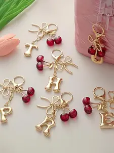 Women's Cherry Bow Keychain Letter Pendant, Casual Style Wallet Backpack Accessory, Student Handbag Car Key Chain