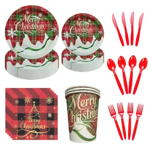 Christmas Party Supplies Set, Disposable Plates Napkins Cups Straws Plastic Cutlery Tablecloth for Holiday Celebrations