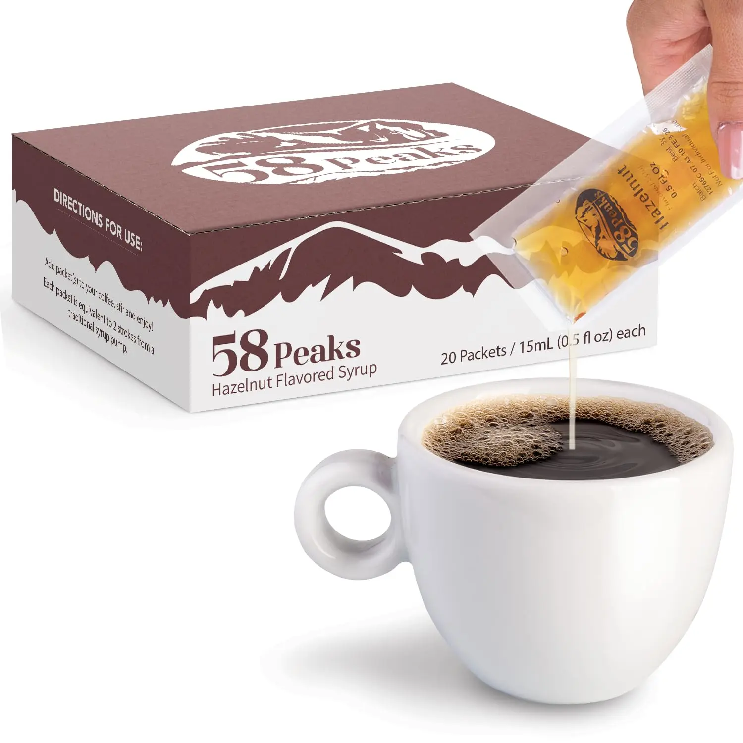 20 Count Hazelnut Syrup Packets for Coffee & Drinks, To-Go Single Serve Flavoring, 15mL, 58Peaks
