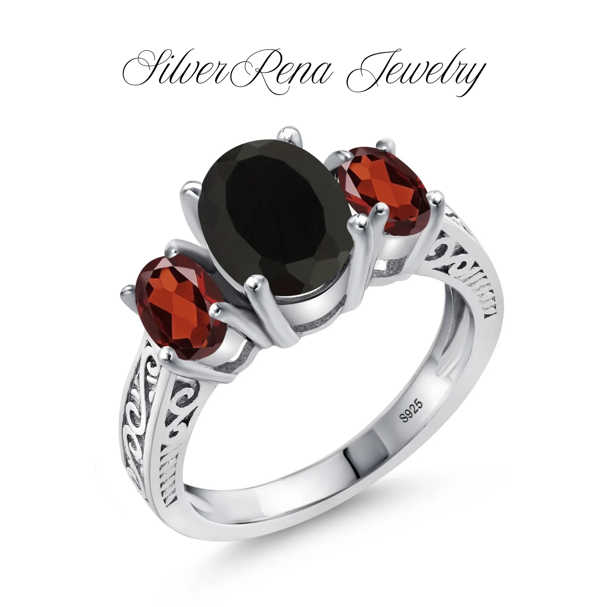 S925 2.73 Cttw Black Onyx and Red Gamet 3 Stone Ring For Women, Sterling Silver Artificial Gemstone Jewelry, Vintage Synthetic Obsidian Ring Wedding Engagement Anniversary Promise Ring For Women