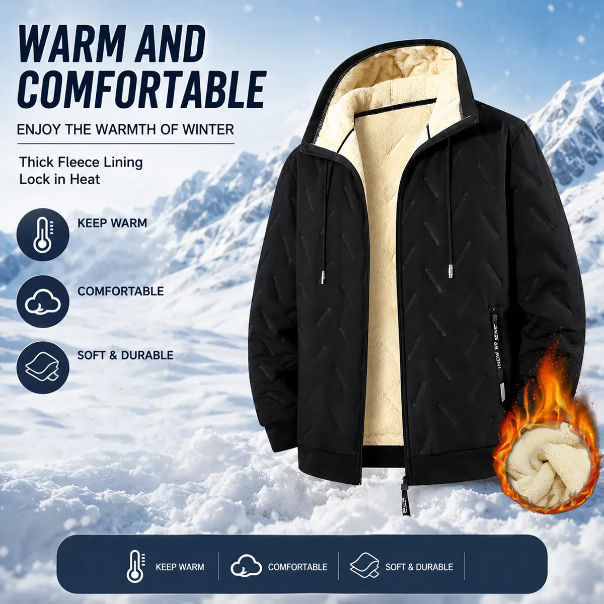Men's Casual Sherpa Fleece Lined Hoodie, Fitted Quilted Full Zip Jacket, Thermal Long Sleeve Winter Coat with Pockets