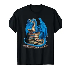 Men's dragon and books Graphic T-Shirt - Short Sleeve Crew Neck Regular Fit Casual Wear | Soft & Breathable Fabric, Durable Print, Everyday Comfort, Machine Washable, fantasy illustration a blue dragon reading a book while sitting on a stack of old books,