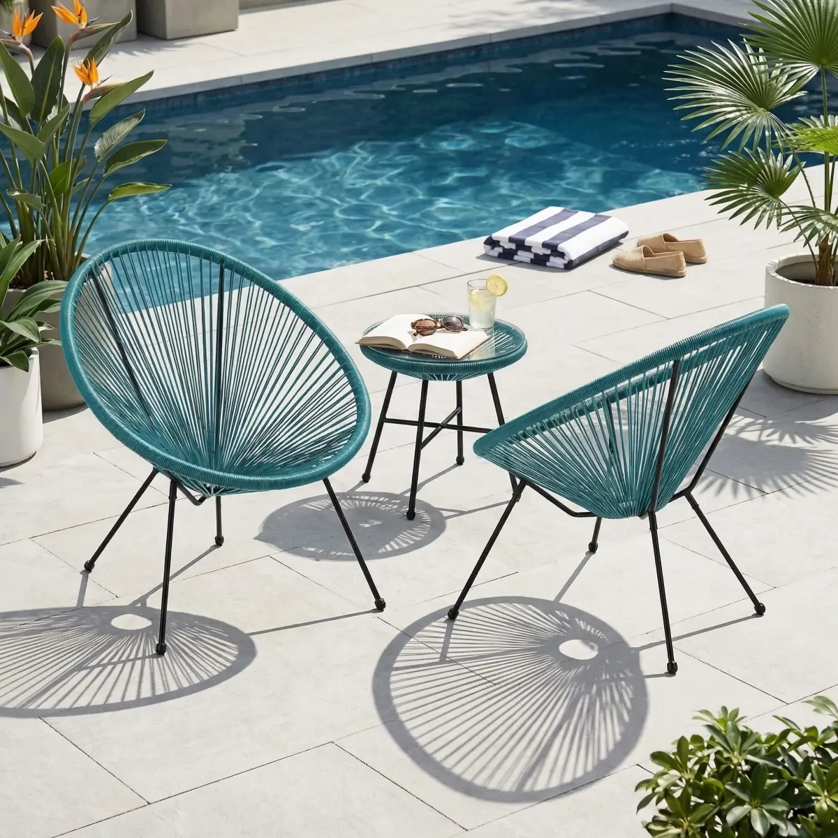 ANSON Modern Outdoor Patio Living Chairs (Set of 2) - Teal Plastic Wicker Furniture for Backyard Relaxation, Modern Furniture Sets, Modern Outdoor Furniture Sets
