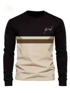Men's Casual Attire Long Sleeve Round Neck T-Shirt, Polyester Knit Fabric, Regular Fit, Striped Pattern, Fall & Winter Series, Knitwear, Soft Casual Knitwear