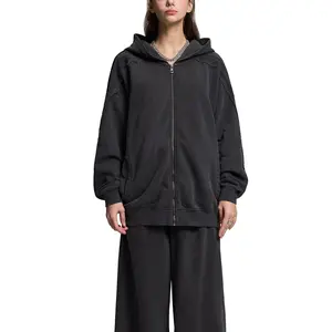 Kored Snow Washed Tape Raw Edge Zip Hoodie Black Version Unisex Oversized 100% Cotton Long Sleeve Casual Winter Hoodie RQ0021