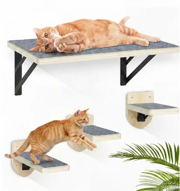 Cat Wall Shelves Set for Large Cats, Solid Wood Cat Hammock Shelf with 3 Wall Steps, Modern Floating Cat Climbing Furniture for Indoor Cats