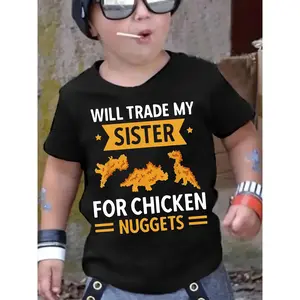 Boys' Casual Crew Neck T-Shirt - Cartoon Chicken Nugget Dinosaur Print, Soft Polyester Knit Fabric, Medium Stretch, Regular Fit for Spring/Summer/Fall