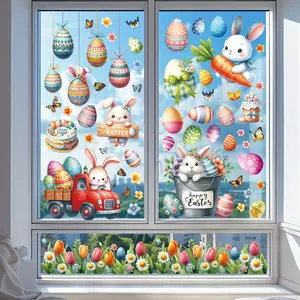 88 PCS / 9 Sheets Easter Static Cling Window Stickers - Residue-Free Reusable Window Decals with Bunnies, Eggs & More, Includes "Happy Easter", Perfect for Back-to-School & Holiday Decor