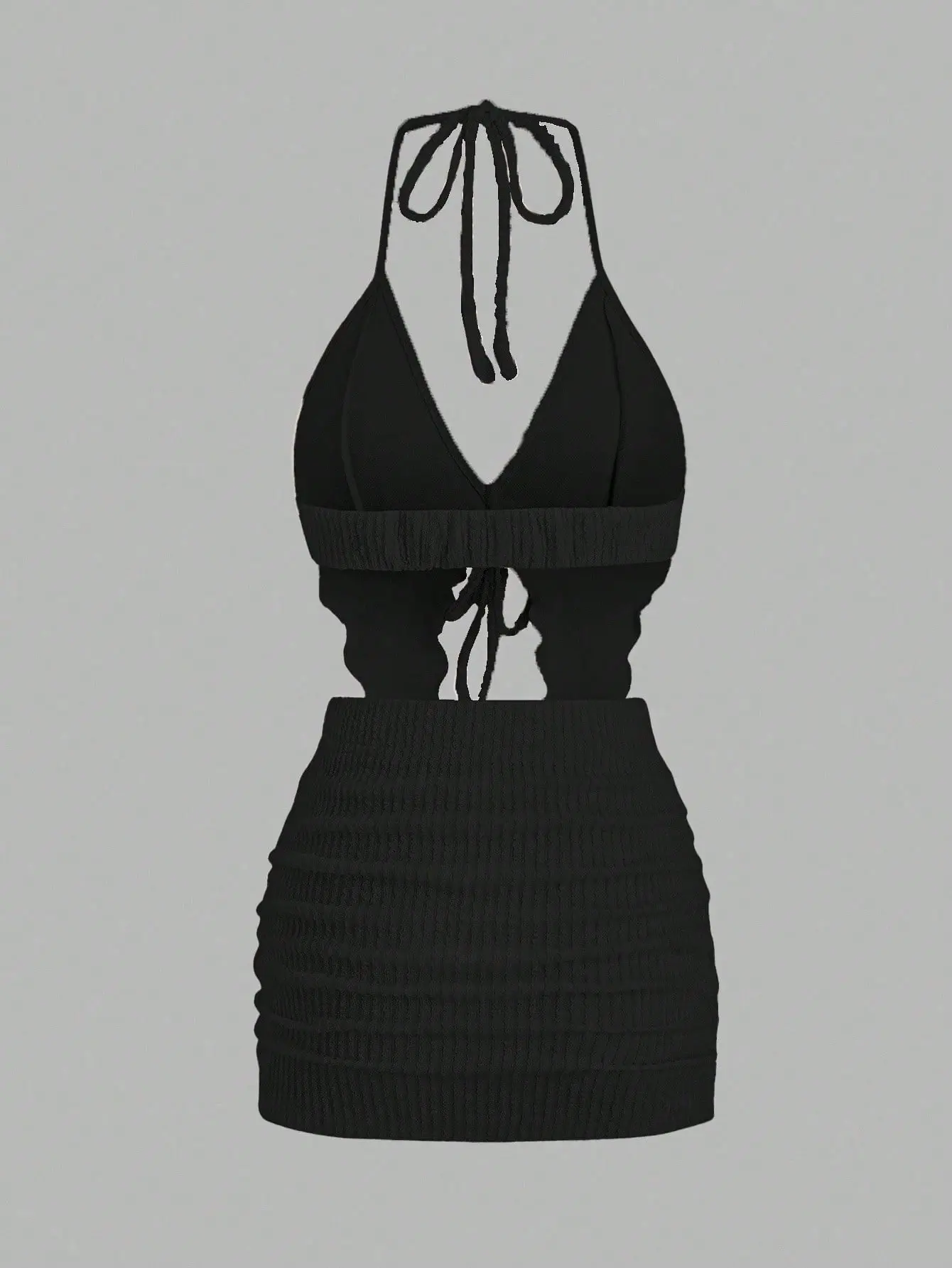 Women's Sexy Knit Halter 2-Piece Co-ord - Ruched Bodycon Mini Skirt, Tie-Knot Crop Top - Summer Vacation, Beach Club Wear
