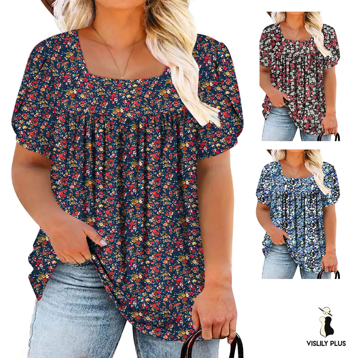 Women’s Plus Size Summer Tops Chic Loose Square Neck Petal Sleeve T-Shirts Lightweight Flowy Pleated Tunic Blouses XL–5XL VPS0119 floral short sleeve t-shirt women oversized tshirt,summerwins,summeroutfits,vacationoutfits,beachoutfits