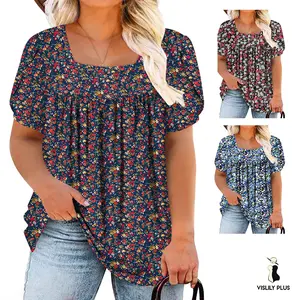 Women’s Plus Size Summer Tops Chic Loose Square Neck Petal Sleeve T-Shirts Lightweight Flowy Pleated Tunic Blouses XL–5XL VPS0119 floral short sleeve t-shirt women oversized tshirt
