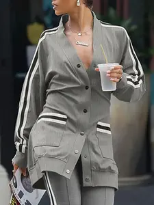 Women's Loose-Fit Striped Jacket,  Long Sleeve Coat, Fall & Winter Fashion Outerwear for Women