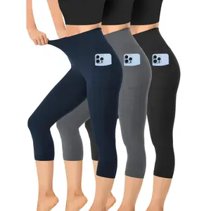 3pcs Women'S High-Waist Butt-Lifting Capri Leggings with Pockets - Stretchy, Elegant Solid Color & Outdoor Pants for Spring/Summer/Fall, Pants, Highwaist Design, Comfortable Fit Knit Womenswear Bottom Fabric Basic Minimalist
