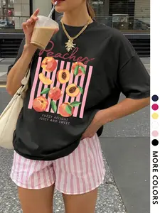 Women's Peach Print Round Neck Tee, Fashion Casual Loose Fit Crew Neck Knit T-Shirt for Everyday Holiday Vacation Outdoor Wear, Ladies Clothes for Summer, Top