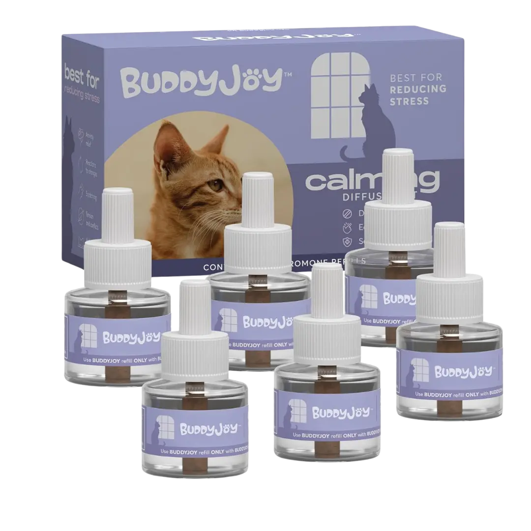 BUDDYJOY Cat Calming Diffuser Refills – Long-Lasting 30-Day Formula with Pheromones for Stress Relief, Relaxation, and Anxiety Reduction in Cats Easy to Use – (6 Refills)