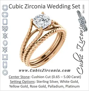 CZ Wedding Set, featuring The Manuela engagement ring (Customizable Cathedral-set Cushion Cut Solitaire with Rope-Engraved Split-Band)