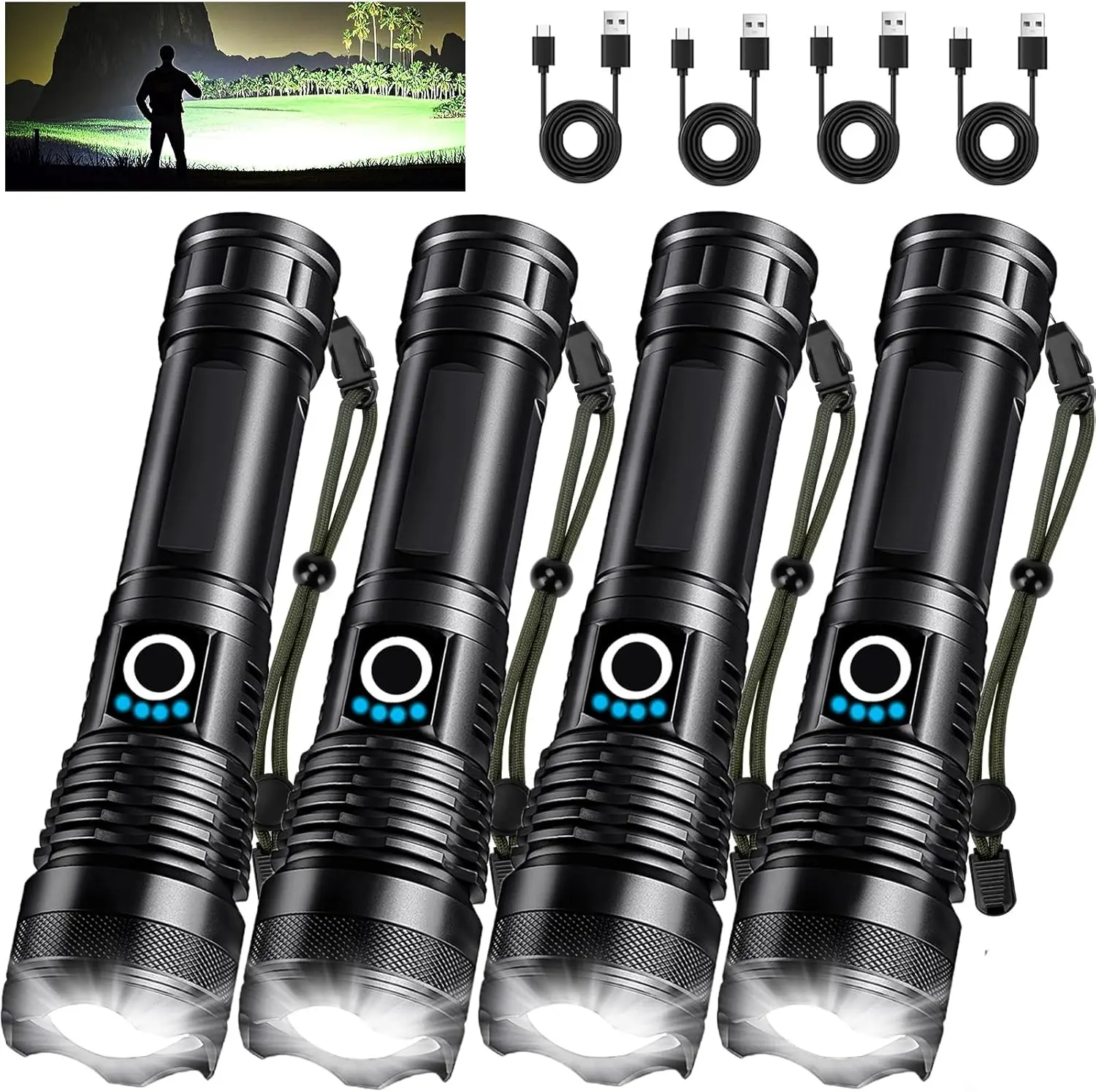 4 Pack Rechargeable LED Flashlights High Lumens, 9000LM Super Bright Flashlight, Adjustable  Flash Light with USB  & 5 Modes,  Handheld Flashlight for Home Camping