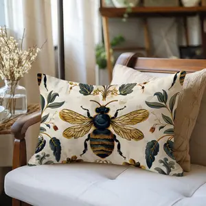 Vintage Bee Floral Pattern Pillow Cover, Single-Sided Print, Simple Home Decor, Suitable for Living Room Bedroom, No Insert Included