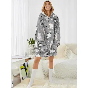 Women's Plush Cat Print Pajama Set, Winter Cute Cartoon Loose Fit Long Sleeve Hoodie, Casual Home Wear, All Seasons