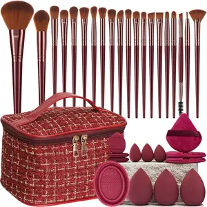 34-Piece Makeup Brush Set with Bag, Soft Bristles, Beauty Sponge, Powder Puff, Face Cleansing Pad, Multifunctional Cosmetic Tool Kit for Beginners
