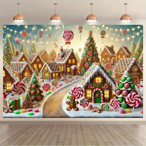 Gingerbread Village Christmas Joyful Scene Backdrop Cloth Multi-Functional Wall Decor Photography Prop for Home Living Room Bedroom Office Festive Gift Polyester No Power Required