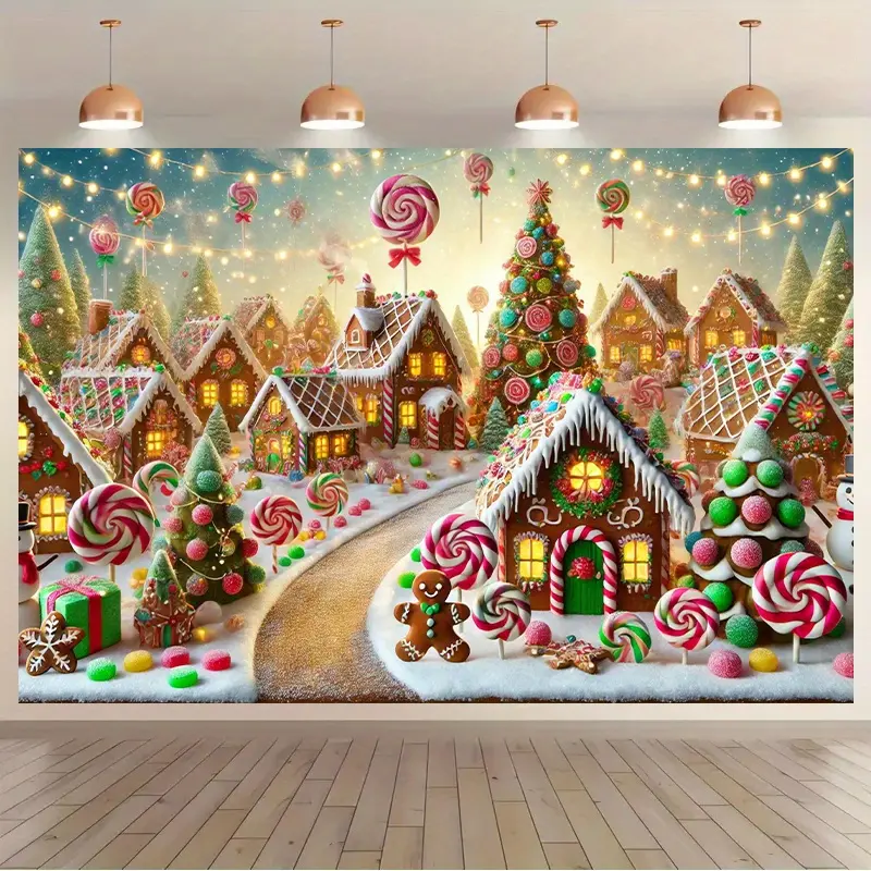 1-Piece Gingerbread Village Christmas Ornament Polyester Backdrop Cloth - Power-Free Multi-Functional Wall Decor, Party Photography Prop, Festive Home Living Room Banners Gift