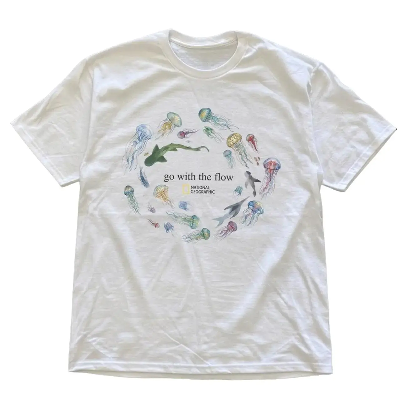 Gildan Men's and Women's T-shirt, Sharks and Jellyfish In A Circular Arrangement With The Words 'Go With The Flow",Heavy Cotton Unisex Shirt, Y2k Unisex Graphic Tees Gothic Grunge Emo Scene Amity Affliction Style Clothes Menswear Womenswear Streetwear