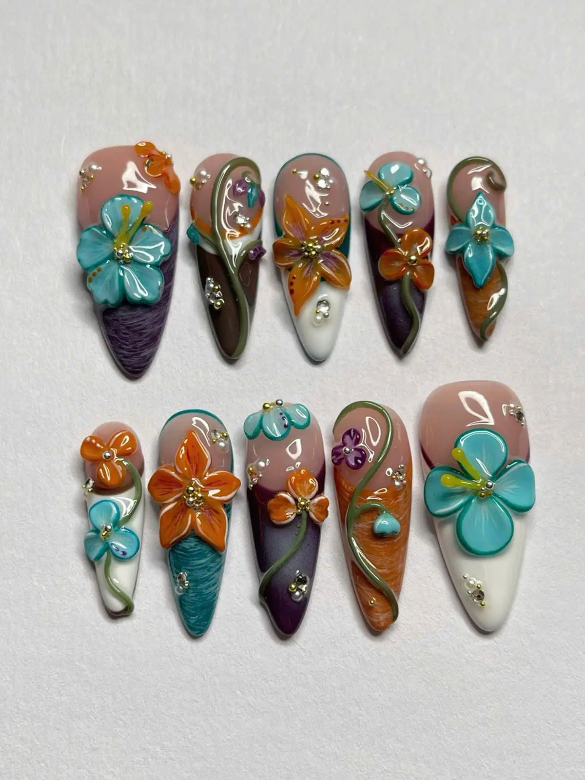 Handmade 3D Floral Almond Press-On Nails, Teal Blue-Orange Retro Botanical Set - Multi Colored, Chip Resistant, Easy Apply, Everyday Wear, Polished Look Reusable Nail Art Decor, Multi Colored Nails, Retro Floral