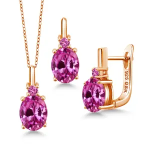Gem Stone King Gemstone Birthstone Pendant and Earrings Jewelry Set for Women | 18K Rose Gold Plated Silver | Oval 8X6MM and Round 2.5MM | With 18 Inch Chain | Fine Jewelry Set for Her Mom Wife