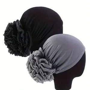 2 Pcs/Set Elegant Boho Flower Turban Hats - Women's Head Wraps, Elastic Beanies for Daily Use, Ramadan, Chemo Cap, Soft, Comfortable, Stylish Accessories-