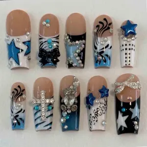 Handmade Gothic Y2K Nails | 3D Cross, Stars, Gummy Bear, Zebra, Flames | Long Square Nails with Rhymes & Turquoise for Alt Vibe