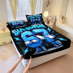 3Pcs Graffiti-Style Cartoon 67 Fitted Sheet Set, Bed Sheets Set, Bold Blue Lightning Bolt Design, 3D Number Personification Bedding, Street Art-Inspired Bedroom Decor, Durable Fabric for Cozy Sleep Experience, Includes 2 Pillowcases, No Pillow Core