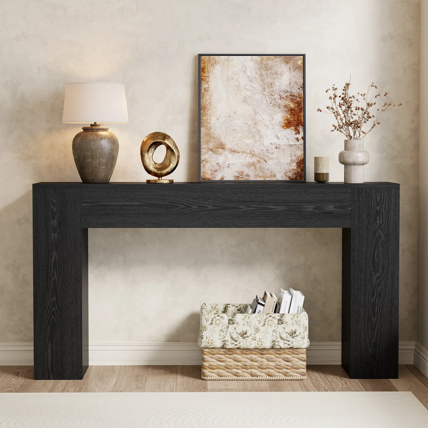 53-Inch Black Rectangular Farmhouse Console Table - Wood Finish Work Surface, Small, Easy Assembly, Indoor Living Room Furniture for Entryway, Behind Sofa (12"D x 53.25"W x 31.5"H)