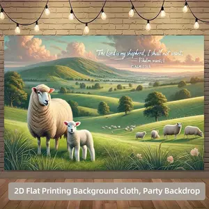 2D Flat Banner Polyester Photography Backdrop, HD Digitally Printed Soft Lightweight Foldable Background Cloth featuring a serene botanical pastoral landscape with sheep and the inspirational Psalm 23:1 verse, ideal for church eve