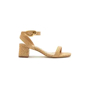 Verona Block Sandal In Beige Leather and Natural Raffia