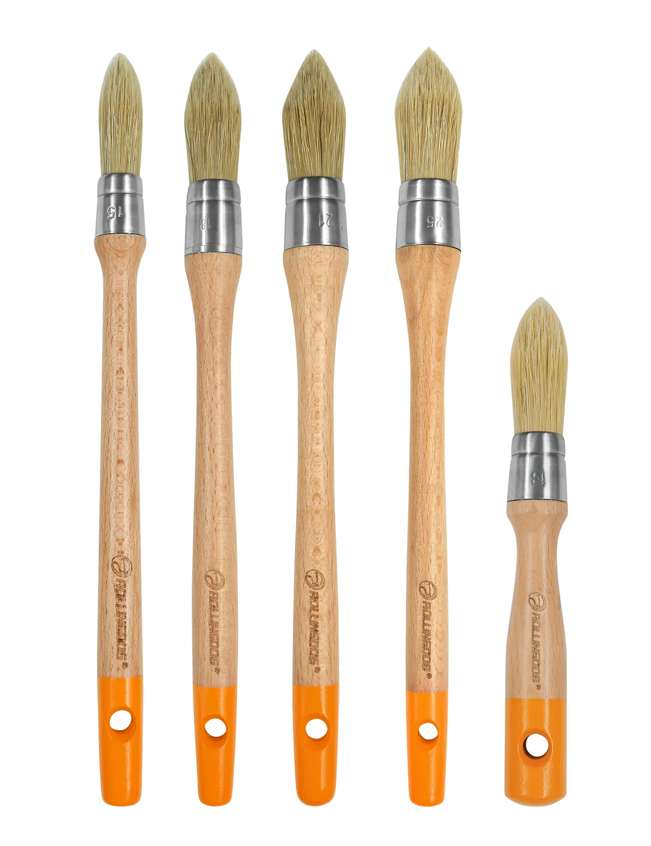 ROLLINGDOG Trim Paint Brushes 5PC Round Trim Brushes - 18mm Stubby, 15, 18, 21, 25mm Long Handle Paint Brush Set for Windows Walls Doors