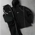 Men's 2-Piece Black Techwear Tracksuit Set - Fitted Cut, Y2K Reflective Piping Hooded Street-Tech Black Hoodie & Sweatpants, Edgy Fashion Streetwear Clothing Set,sohochic