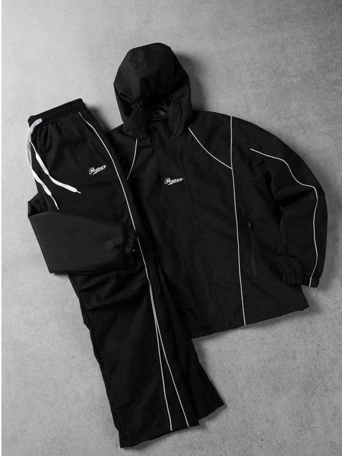 Men's 2-Piece Black Techwear Tracksuit Set - Fitted Cut, Y2K Reflective Piping Hooded Street-Tech Black Hoodie & Sweatpants, Edgy Fashion Streetwear Clothing Set,sohochic