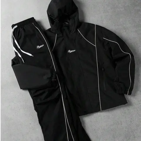 Men's 2-Piece Black Techwear Tracksuit Set - Fitted Cut, Y2K Reflective Piping Hooded Street-Tech Black Hoodie & Sweatpants, Edgy Fashion Streetwear Clothing Set,sohochic