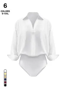 Women Button Down Bodysuit Long Sleeve Collared Shirt Satin Blouse Bodysuits Tops Business Casual Office Professional Womenswear