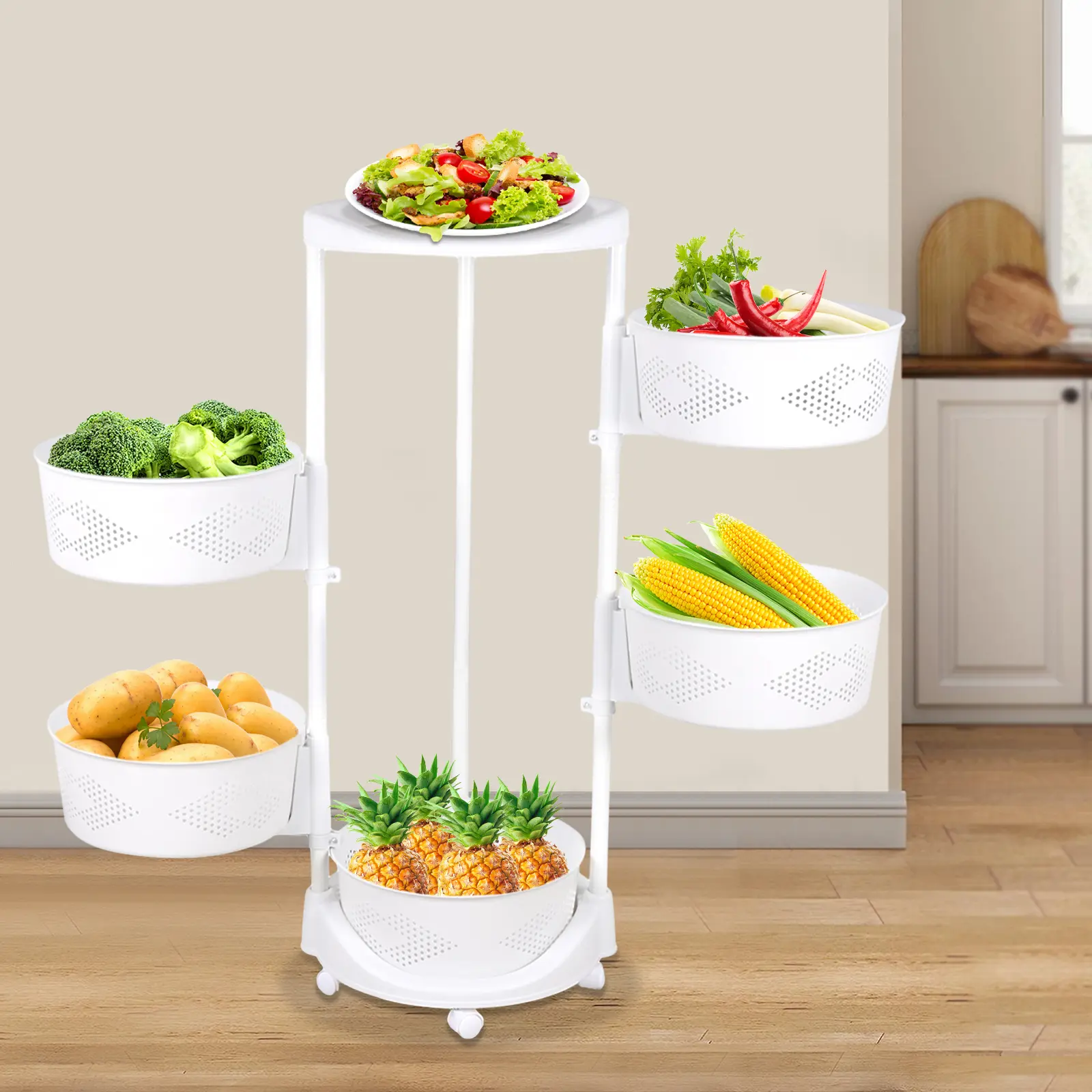 5-Tier 360-Degree Rotatable Utility Rack - 14.37x36.22in High-Quality PP Revolving Organizer, Space-Saving, Fashionable 360° Spin Racks for Organized Kitchen Vegetables, Fruits, Kitchen Utensils, 360 Degree Rotatable Utility Racks