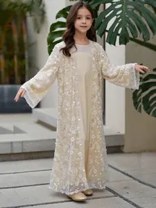 Middle Eastern Muslim Girl Outerwear, Double-Layer Floral Open Abaya, Wedding Birthday Party Eid Open Abaya, Long Sleeve, Loose-Fit, All Seasons, Kids Girls Clothing