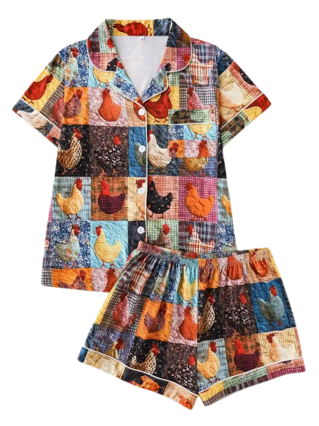Two-Piece Check Print Pajama Set for Women Short-Sleeve Stand-Up Collar Top & Shorts All Seasons Nightwear Loungewear Pjs Matching Pyjamas